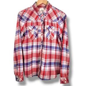 Levis Flannel Shirt Plaid Cotton Red White Blue Button Front Top Blouse Size M